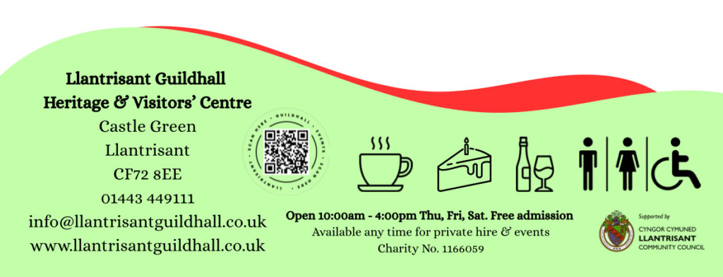 Page footer providing Llantrisant Guildhall contact details and facilities.