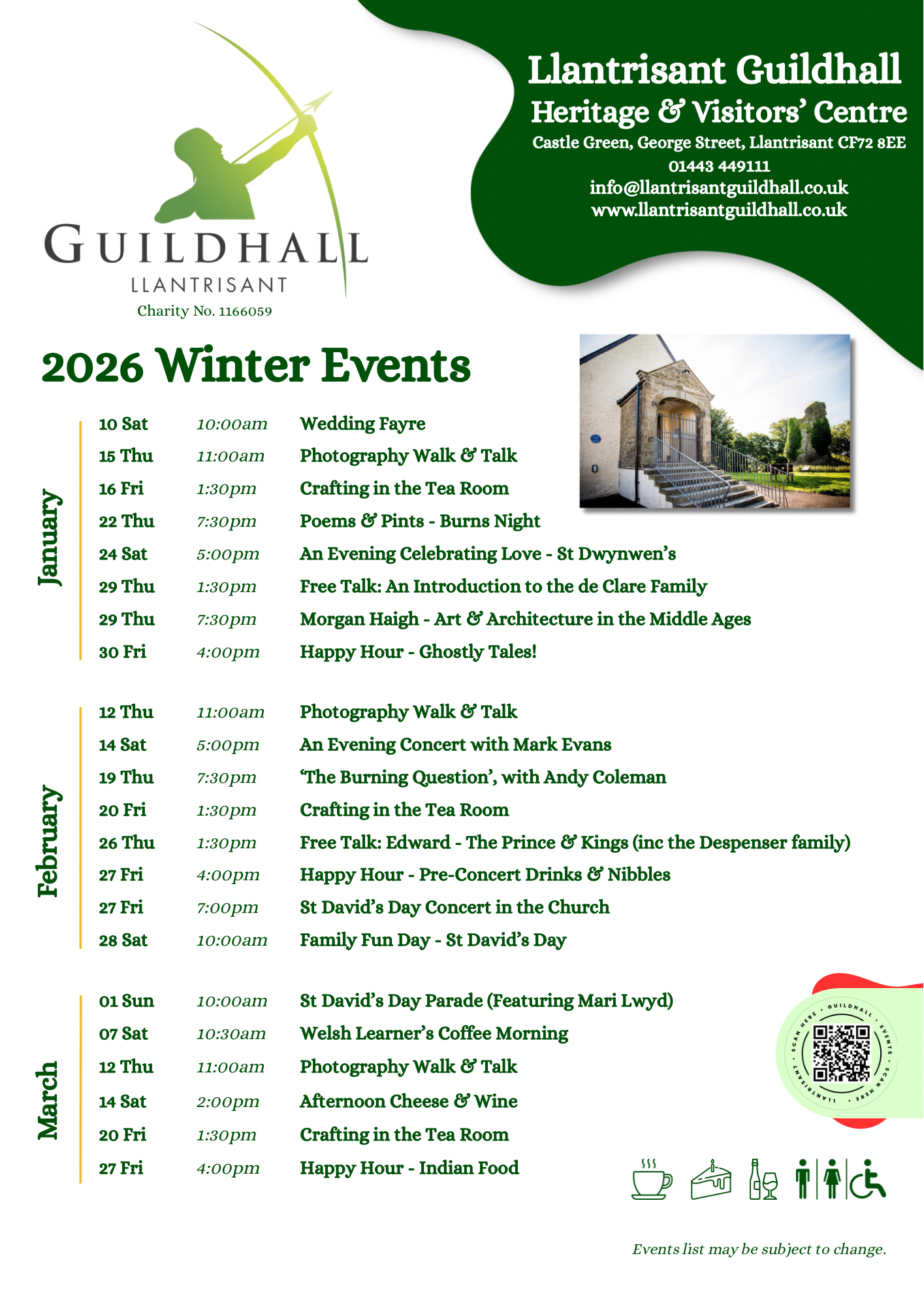 Flyer for Winter Events 2026 at Llantrisant Guildhall, January to March.