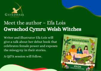 A graphic promoting a meet the author event at Llantrisant Guildhall. Shows an Image of the cover of a book Gwrachod Cymru Welsh Witches by Efa Lois