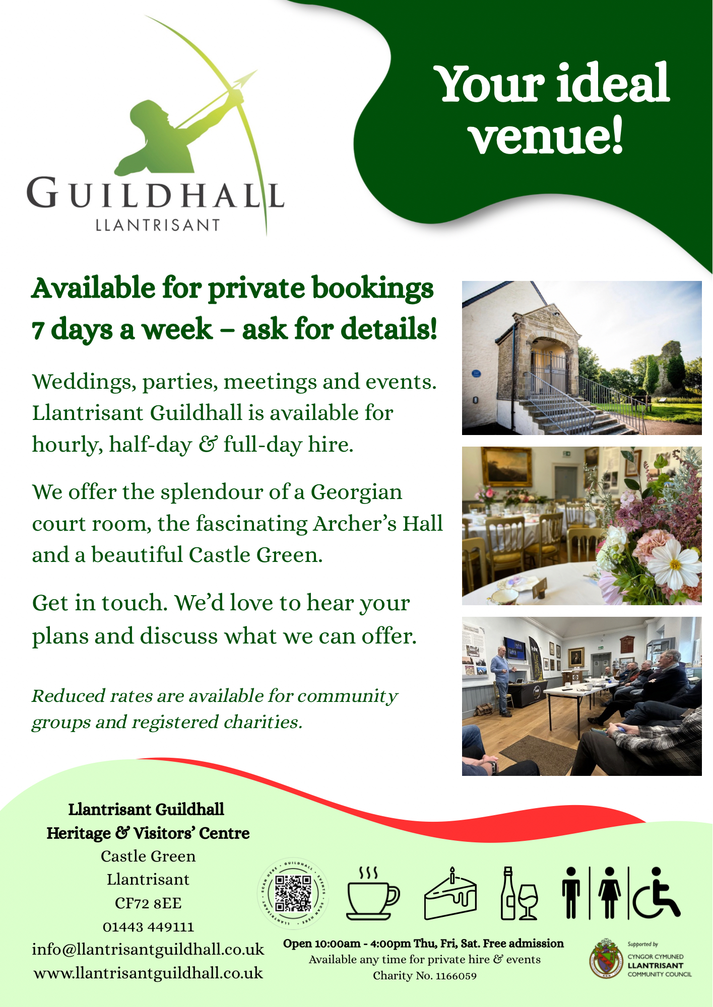 Flyer prompting the availability of Llantrisant Guildhall as a venue for Weddings, parties, meetings and events.
