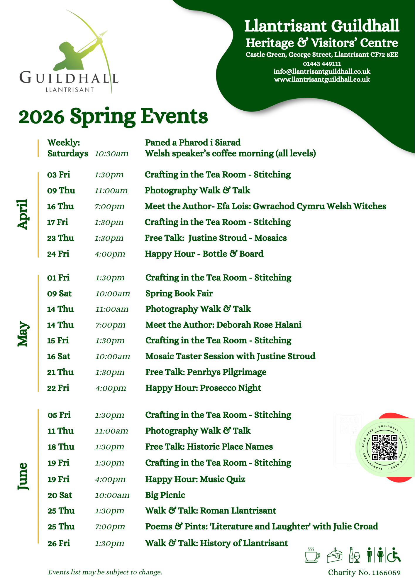 Graphic showing the Spring Events Schedule for 2026 (April to June) at Llantrisant Guildhall.